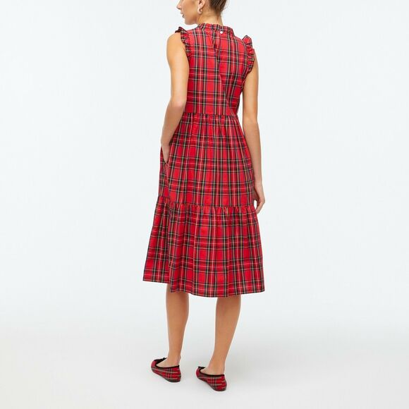 J CREW NWOT BC706 Holiday Trendy RED Tartan Plaid Tiered Ruffle Midi Dress Sz 12 - Picture 3 of 11